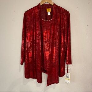 NEW Ruby Rd. Metallic Top Red Layered Embellished Blouse Burnout Women’s Size M
